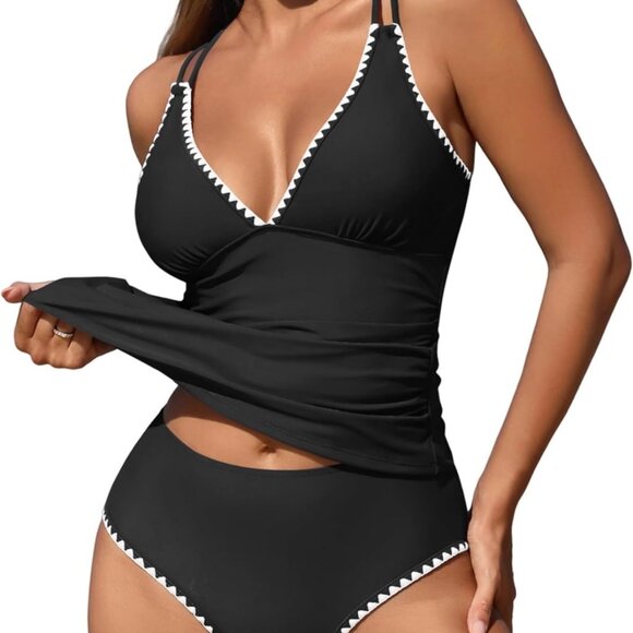 Black Tankini Tops for Women V Neck Push Up Swim Top Color Block Tummy Con - Picture 6 of 6